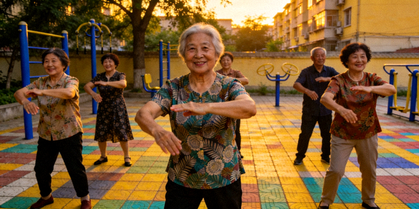 社区广场舞活动 - 中老年居民在广场集体跳舞健身