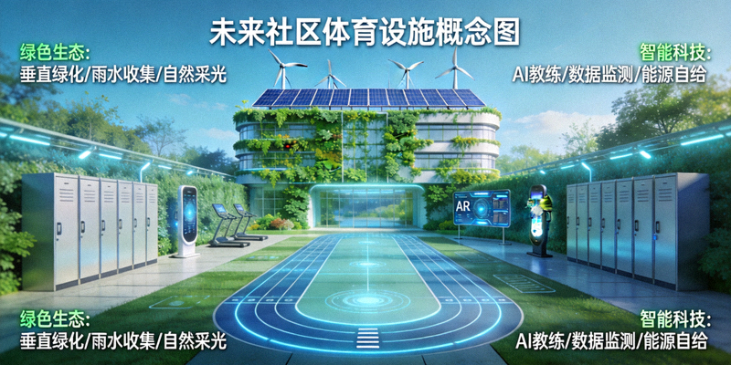 未来社区体育设施概念图 - 绿色生态与智能科技融合的运动空间