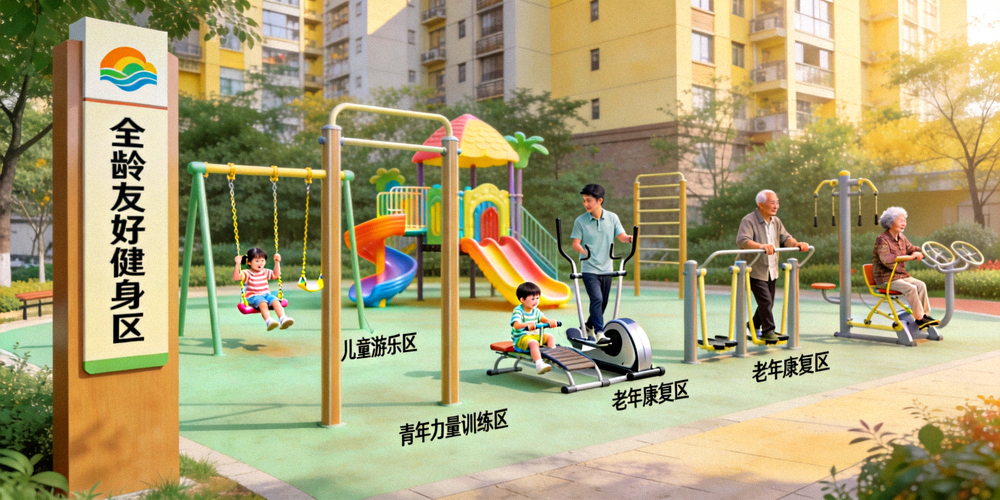 全龄友好型社区健身区 - 儿童、青年、老人共同使用适龄健身设施