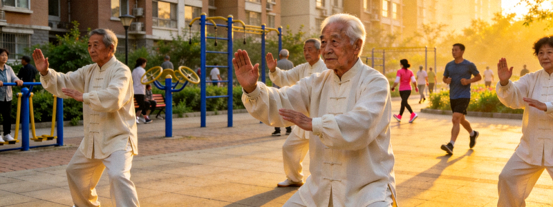 社区居民积极参与晨练活动 - 老年人在社区广场打太极拳