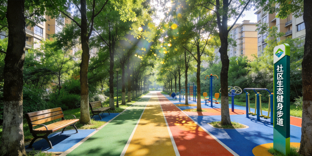 社区生态健身步道 - 绿树环绕的跑步和健走专用道路
