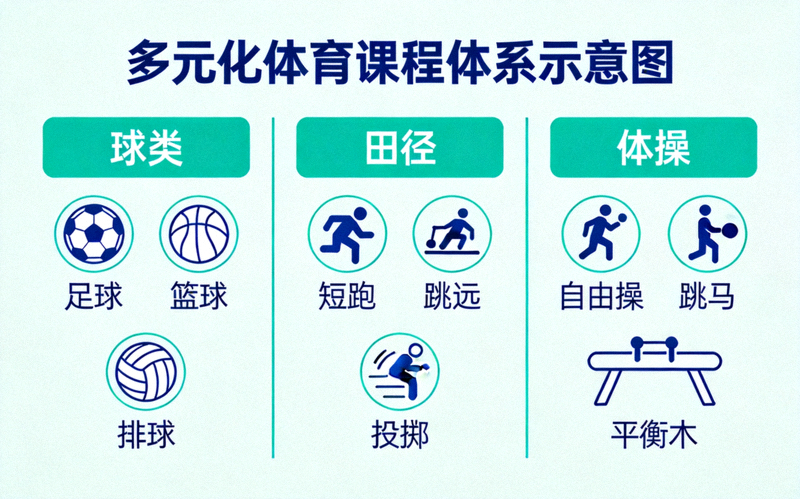 多元化体育课程体系示意图 - 包含球类、田径、体操等多种运动项目