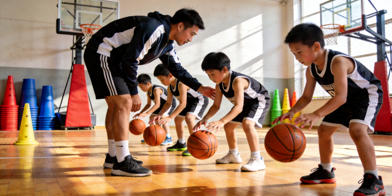 青少年篮球训练营现场 - 教练指导孩子们进行基础运球练习
