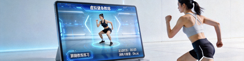 虚拟健身教练指导界面 - 屏幕上显示教练示范动作，用户跟随练习