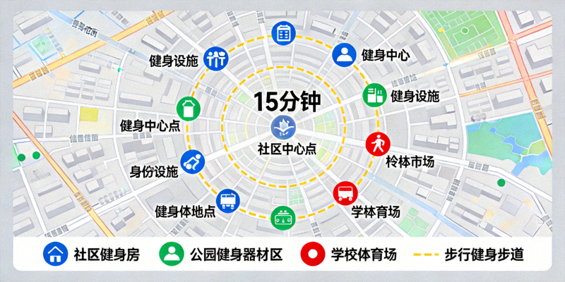 城市15分钟健身圈示意图 - 标注各类健身设施分布