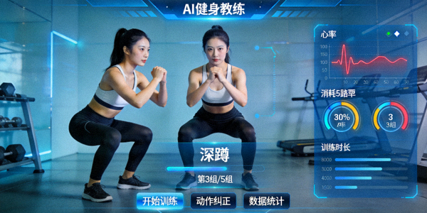 AI虚拟健身教练界面 - 通过屏幕指导用户进行科学训练