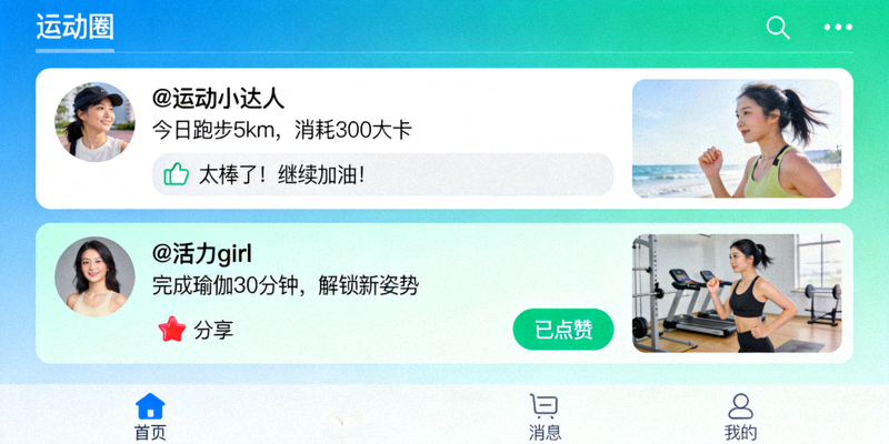 社交化健身应用界面 - 朋友间分享运动成就和互相鼓励