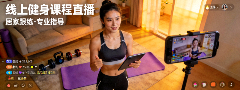 线上健身课程直播 - 教练通过直播平台指导居家健身