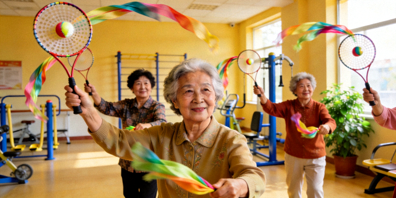 老年健身活动 - 老年人在社区活动中心练习柔力球，动作优雅