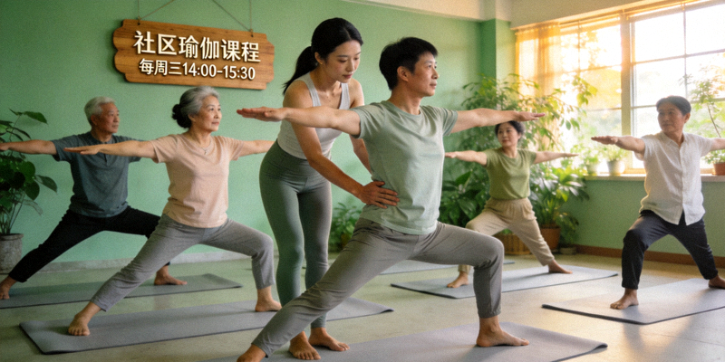 社区瑜伽课程 - 居民在专业教练指导下练习瑜伽，环境宁静