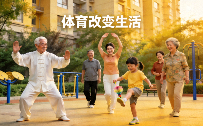 体育改变生活 - 社区居民通过体育活动获得快乐与健康，脸上洋溢着幸福笑容