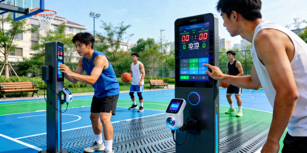 上海某社区智能篮球场 - 年轻人使用智能计分系统进行比赛