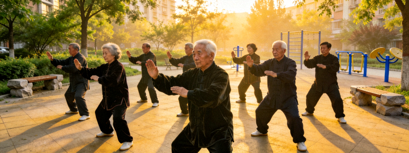 社区晨练场景 - 老年人在公园集体练习太极拳