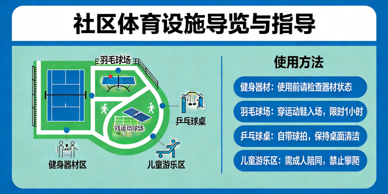 社区体育设施导览与指导牌 - 清晰的设施分布图和使用方法