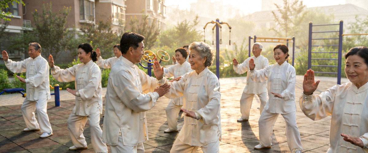 社区运动团体在清晨一起练习太极拳 - 体现社交与健身的结合