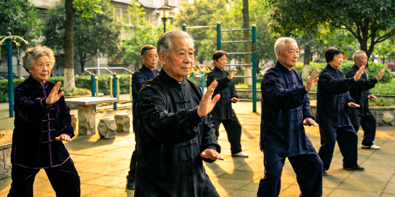 成都社区老年健身活动 - 老年人在公园打太极拳