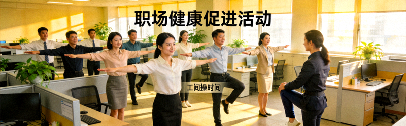 企业员工在办公室进行工间操锻炼 - 职场健康促进活动