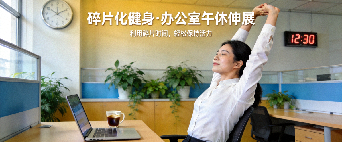 上班族利用午休时间在办公室进行伸展运动 - 展示碎片化健身理念