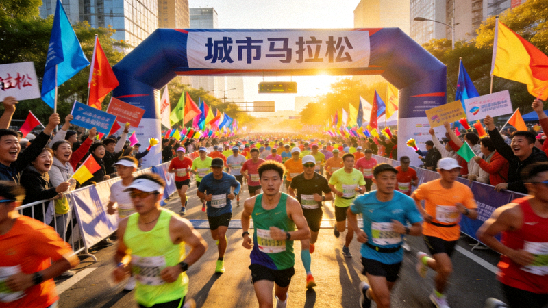城市马拉松赛事现场，大量跑者穿过起点拱门，两旁观众热情欢呼