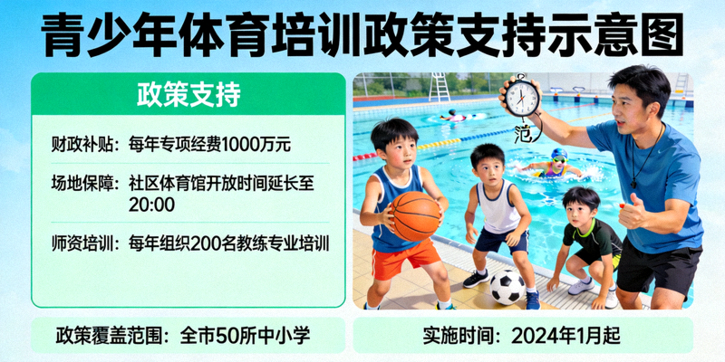 青少年体育培训政策支持示意图，孩子们在专业教练指导下运动