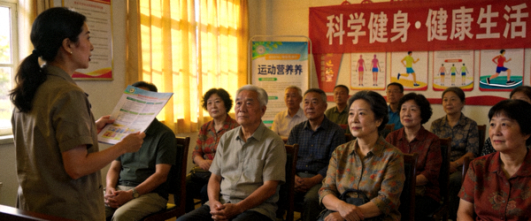 社区科学健身讲座现场，居民认真聆听运动营养知识