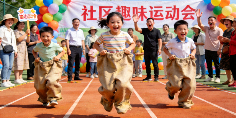 社区趣味运动会上，孩子们在进行袋鼠跳比赛，家长在一旁加油