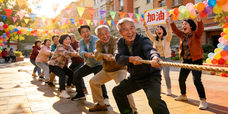 社区运动会中居民正在进行拔河比赛，气氛热烈欢快