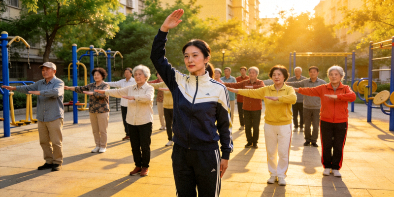 体育指导员在社区广场带领居民做广播体操