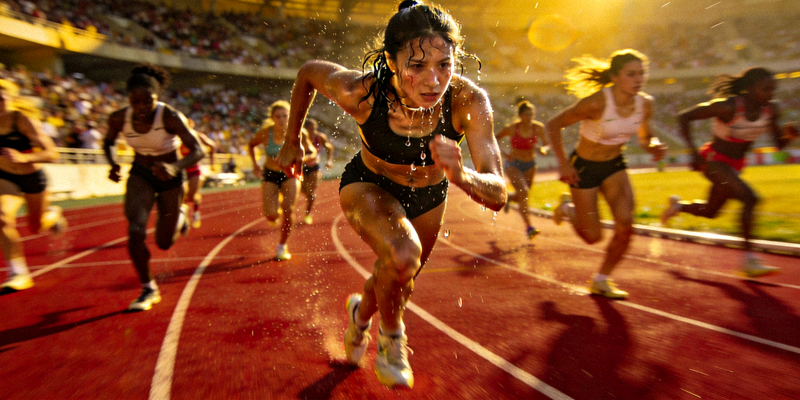 女子800米中长跑比赛，运动员们在跑道上奋力拼搏，汗水挥洒