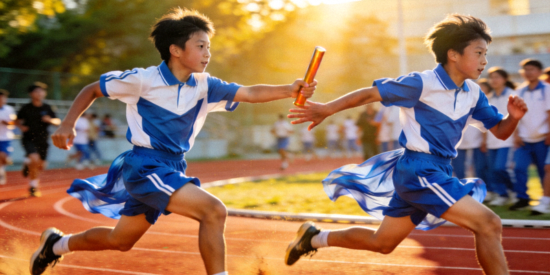 青少年4x100米接力赛交接棒瞬间，队员配合默契，奋力向前奔跑