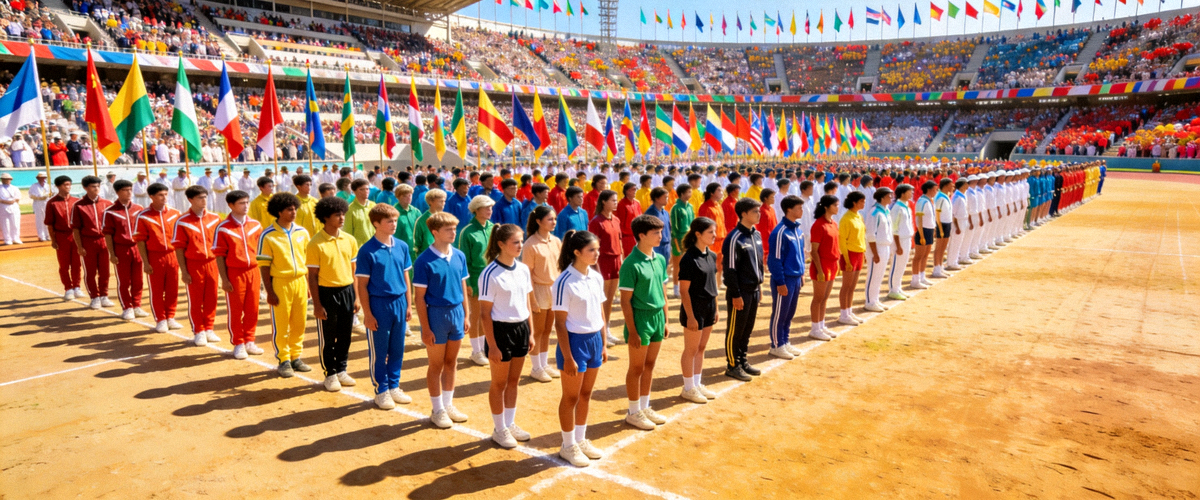 全国青少年田径锦标赛开幕式全景，数百名年轻运动员齐聚国家体育场，彩旗飘扬，气氛热烈