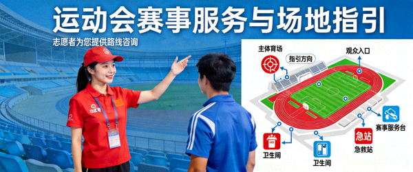 运动会志愿者为观众指引方向 - 赛事服务与场地示意图