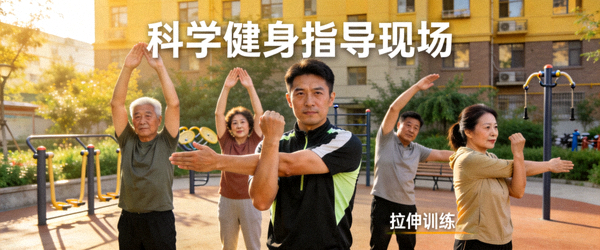 专业教练指导市民进行拉伸训练 - 科学健身指导现场