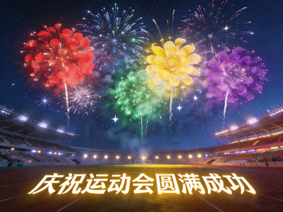闭幕式烟花表演，夜空璀璨，庆祝运动会圆满成功