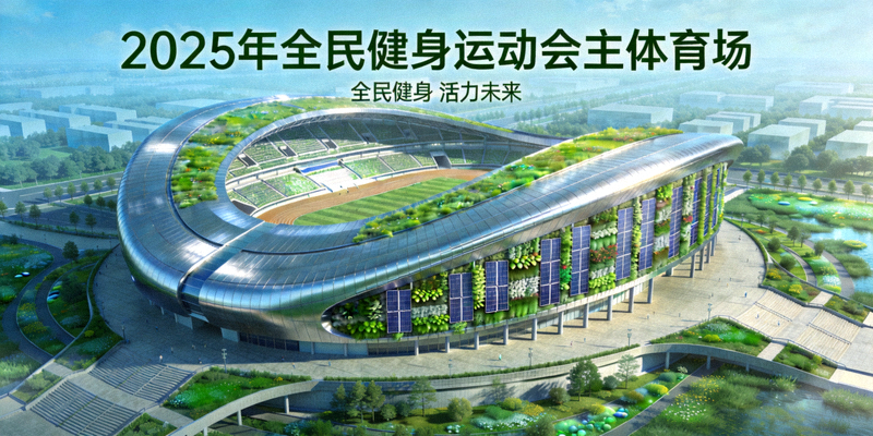 2025年全民健身运动会主体育场效果图 - 现代化流线型设计，融入绿色生态理念