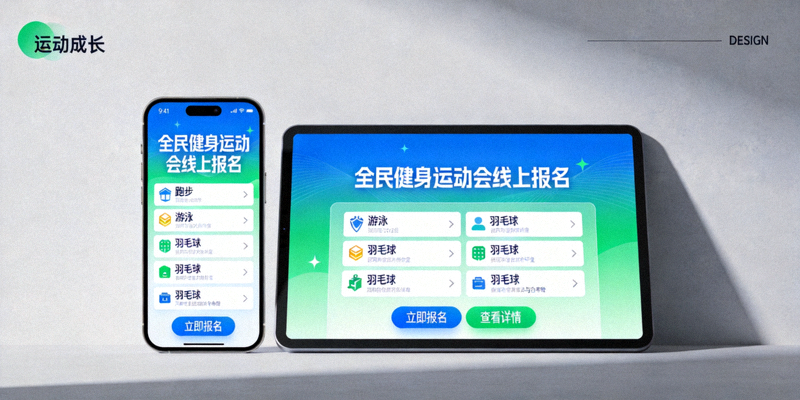全民健身运动会线上报名平台界面展示 - 手机与电脑端同步开放，项目涵盖跑步、游泳、羽毛球等