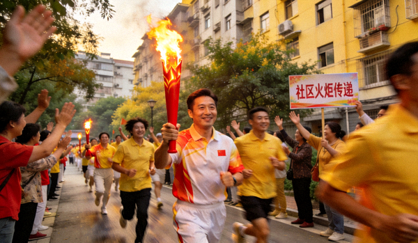 社区火炬传递活动现场 - 市民代表高举火炬奔跑，两旁群众欢呼