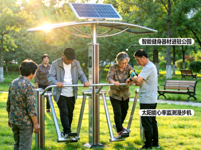 智能健身器材进驻公园 - 市民体验太阳能心率监测漫步机
