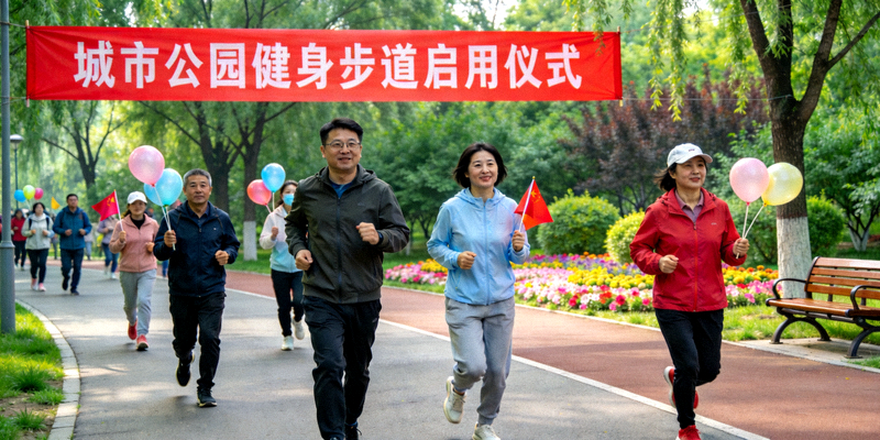 城市公园健身步道启用仪式 - 市民在绿树环绕的步道上慢跑