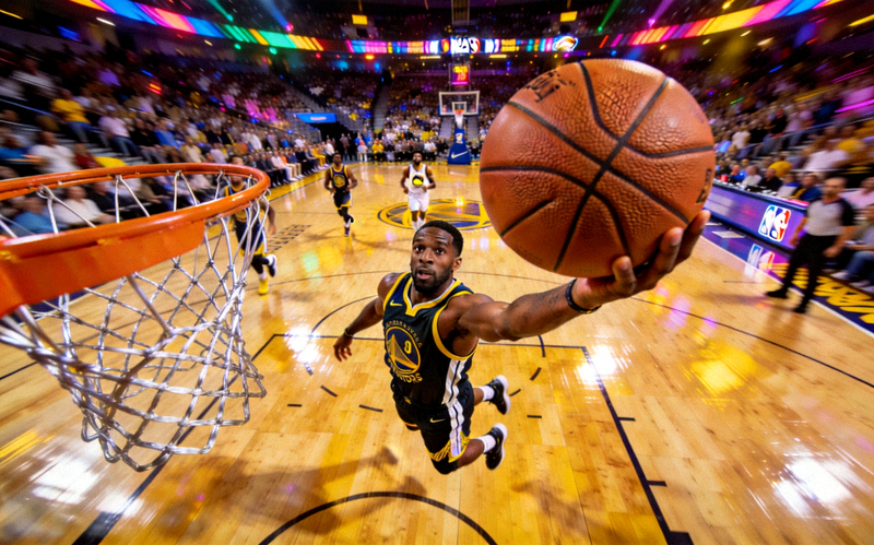 NBA总决赛级别的篮球比赛画面，球员在木质球场上跃起投篮