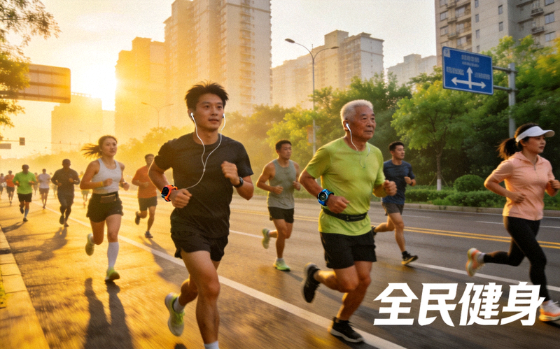 跑者在城市道路上晨跑，展现全民健身跑步热潮
