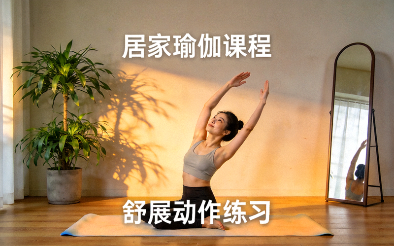 室内瑜伽练习者进行舒展动作 - 居家健身课程场景