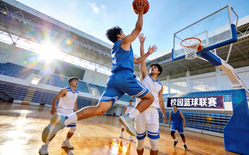 校园篮球联赛比赛画面 - 球员在球场上突破上篮