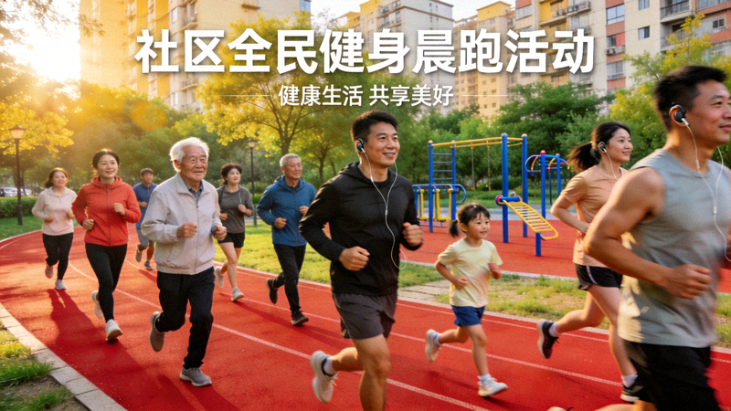 社区居民在公园跑道上集体晨跑，全民健身热潮走进社区