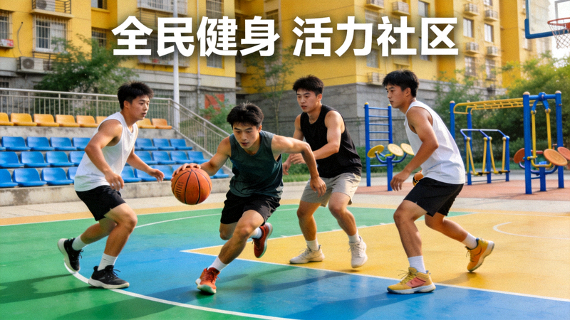 社区篮球场上年轻人进行三人制篮球赛，全民健身赛事深入基层