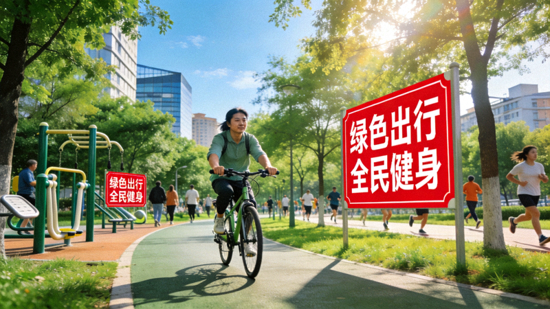 市民骑行在城市绿道上，绿色出行与全民健身相互融合