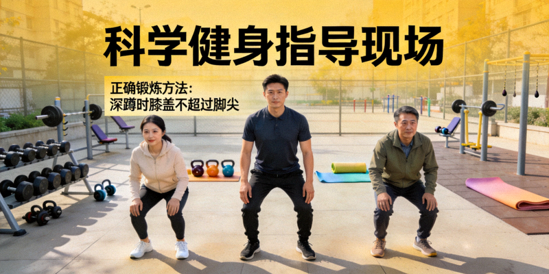 科学健身指导现场 - 专业教练指导市民正确锻炼