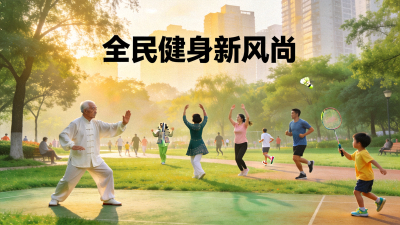 城市公园中市民集体晨练的场景 - 全民健身新风尚
