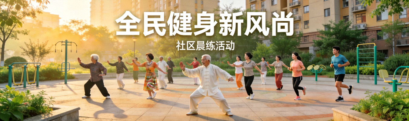社区居民集体晨练场景 - 全民健身新风尚