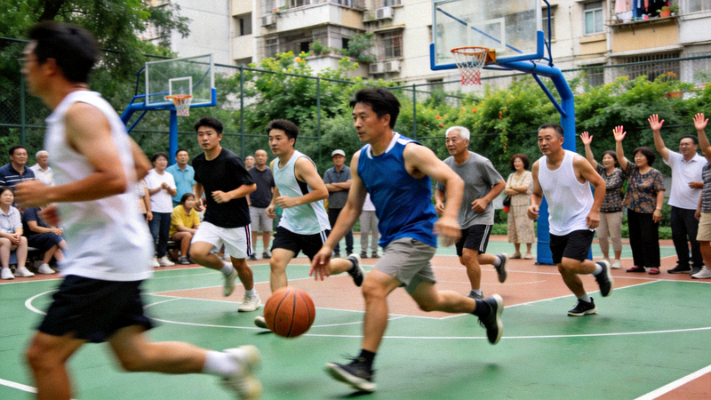社区运动场上居民进行篮球比赛的场景 - 社区体育活力